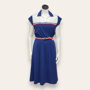70s VTG Sunshine Alley blue, red and white Blouson Dress size 8